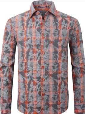 Men's Orange and Gray Plaid Button-Down Shirt